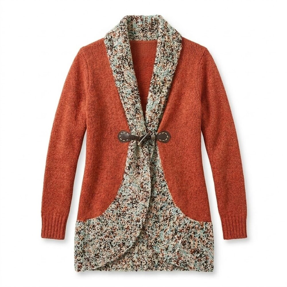 Ponsesa Size S Boho Knit Cardigan Rust Orange Mixed Media Toggle Sweater Wrap